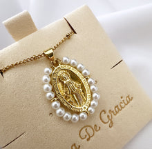 Load image into Gallery viewer, Virgin Mary Necklace 14k Gold-Plated & Freshwater Pearls