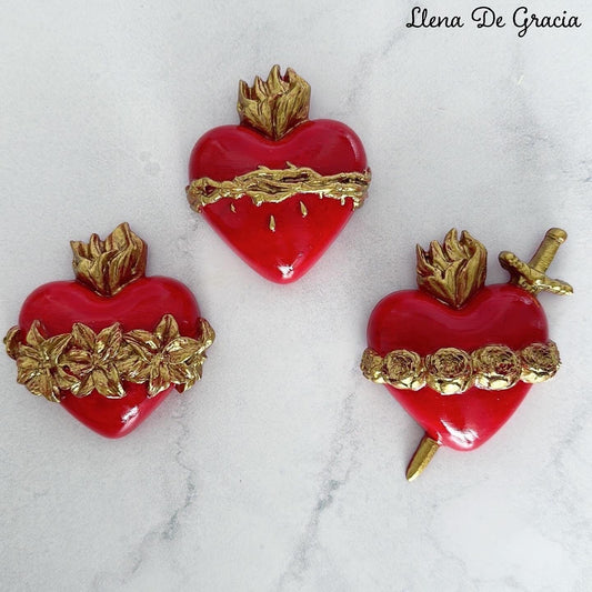 Set of 3 Sacred Hearts – Jesus, Mary & Joseph | 8 cm Resin Wall Décor