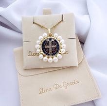 Load image into Gallery viewer, St. Benedict Cross Necklace – Freshwater Pearls &amp; Gold-Plated Medal
