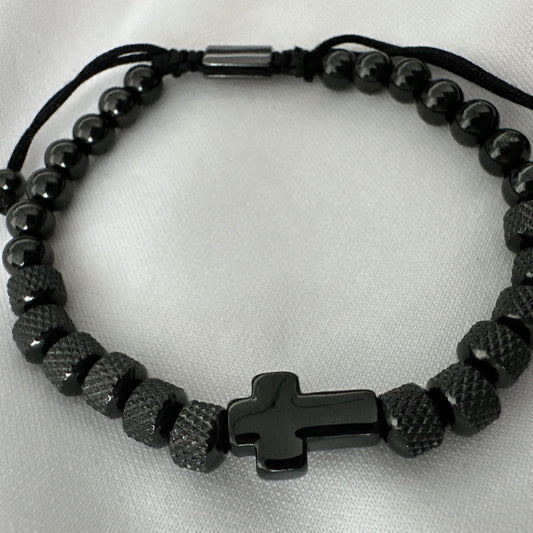 Men’s Bracelet with Black Onyx Stones and Cross Pendant
