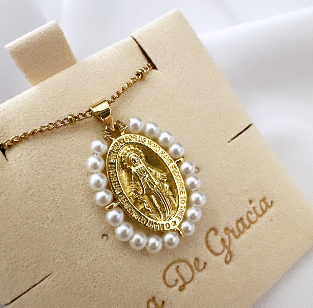Virgin Mary Necklace 14k Gold-Plated & Freshwater Pearls