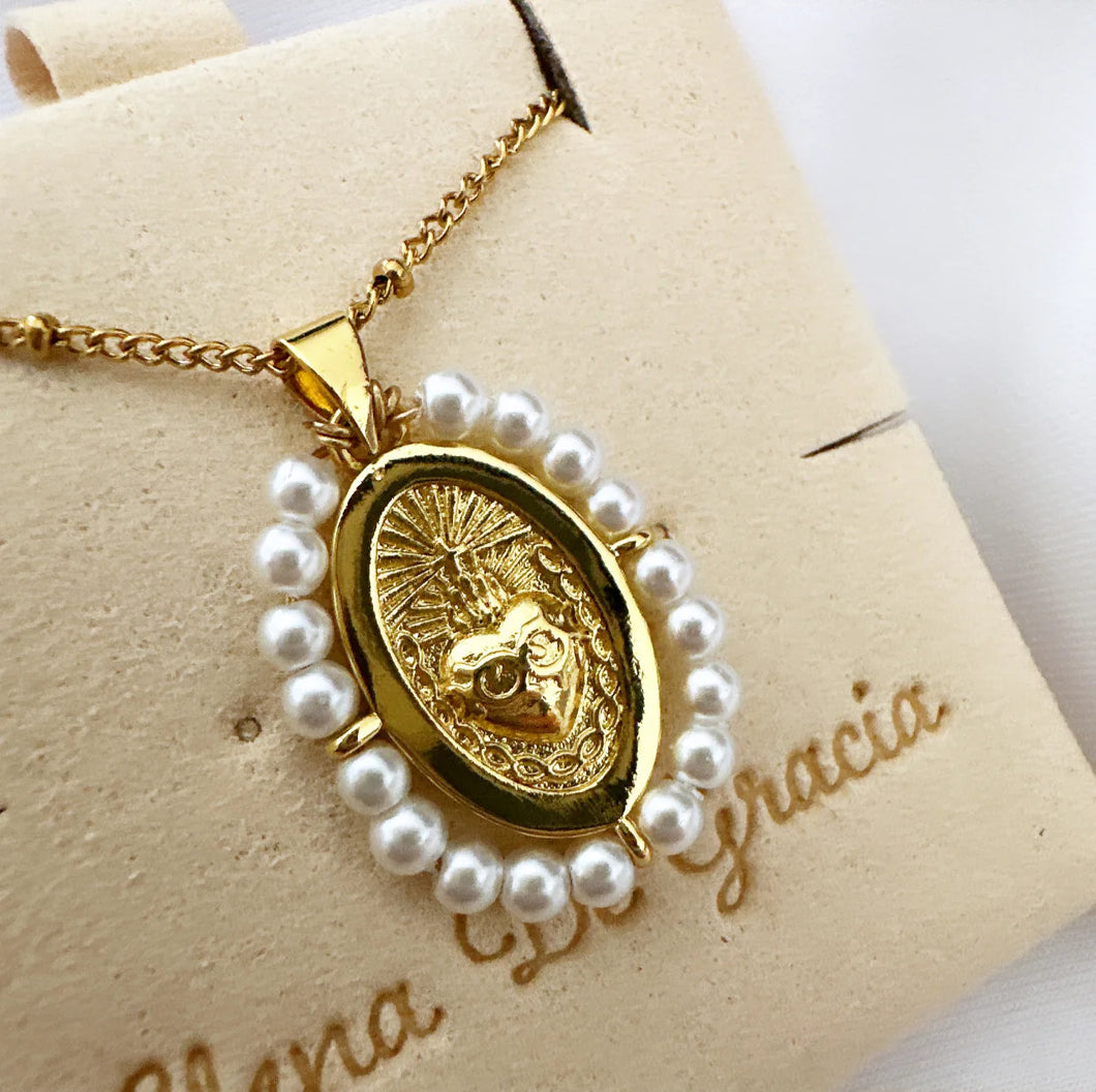 Sacred Heart Necklace with Freshwater Pearls & 14k Gold-Plated