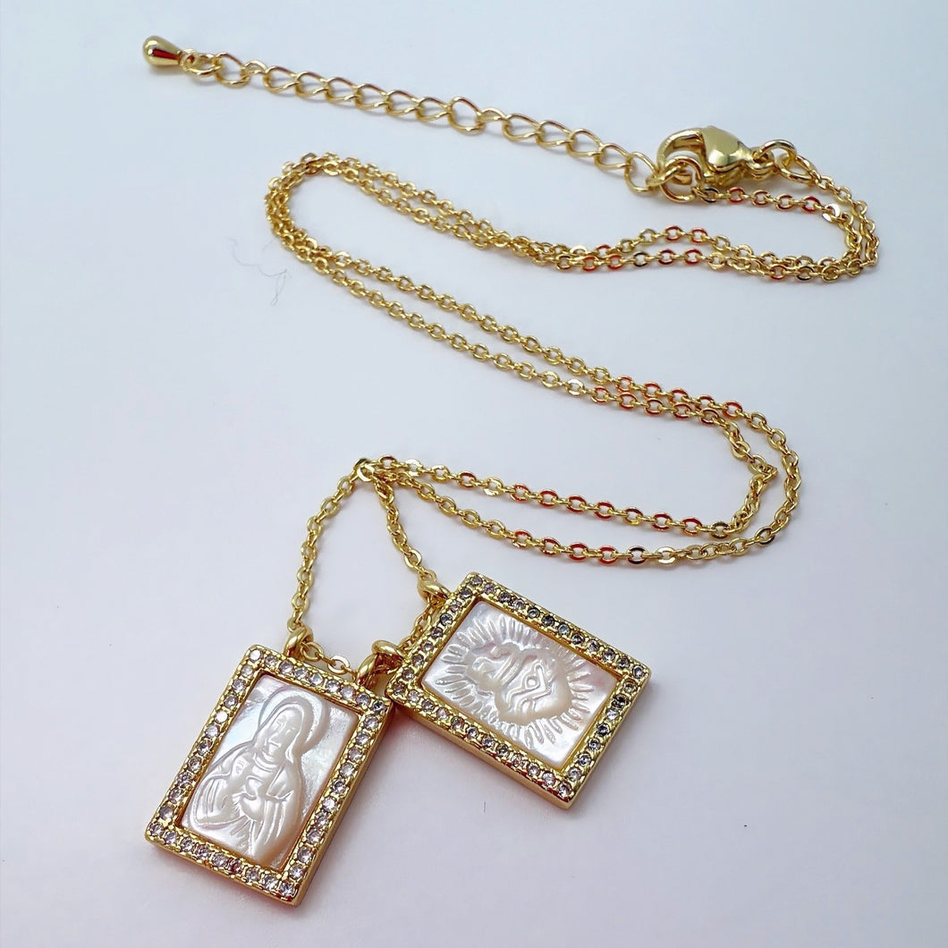Sacred Heart & Jesus mini Scapular Necklace, 14k Gold