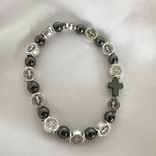 Load image into Gallery viewer, Onyx Bracelet with Saint Benedict Charms
