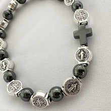 Load image into Gallery viewer, Onyx Bracelet with Saint Benedict Charms
