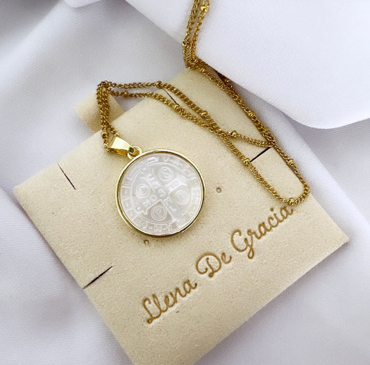 St Benedict Necklace  Mother-of-Pearl Medal 14k Gold
