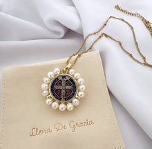 Load image into Gallery viewer, St. Benedict Cross Necklace – Freshwater Pearls &amp; Gold-Plated Medal

