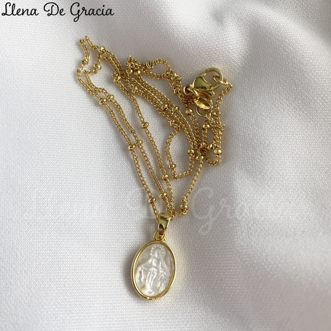 Virgin Mary Mother of Pearl Medal Necklace 14k Gold